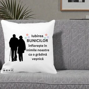 Cadou pentru Bunici - Perna Personalizata Bunicii Iubirea Infloreste Silueta Neagra Flori, 40x40 cm, Alba Mata, Husa Detasabila, Perna Inclusa, BEKZ®