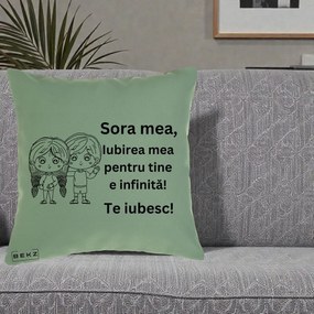 Cadou pentru Sora - Perna Personalizata Sora Mea Te Iubesc Copii Anime Line Art, 40x40 cm, Verde, Husa Detasabila, Perna Inclusa, BEKZ®