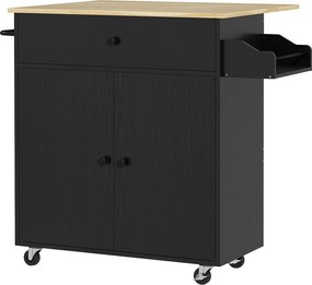 HOMCOM Insulă de Bucătărie cu Ala Rabatabilă 2 Uși Sertar Suport pentru Condimente Bară de Agățat Șervețel și Raft Reglabil 106x42x87 cm Negru și Stejar | Aosom Romania