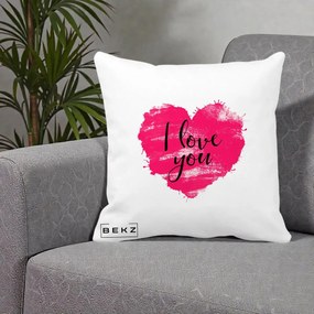 Cadou Romantic - Perna Personalizata I Love You Inima Roz, 40x40 cm, Alba Mata, Husa Detasabila, Perna Inclusa, BEKZ®