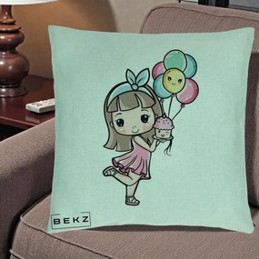 Perna Decorativa Fetita Kawaii cu Baloane si Cupcake, 40x40 cm, Verde Menta, Husa Detasabila, Perna Inclusa, BEKZ®
