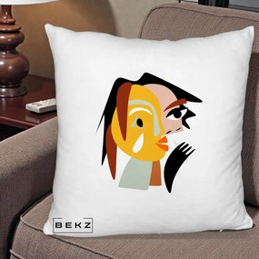 Perna Decorativa Portret Abstract Galben-Ocru, 40x40 cm, Alb Pufos, Husa Detasabila, Perna Inclusa, BEKZ®