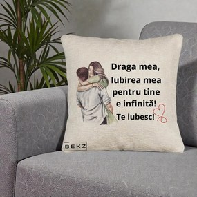 Cadou pentru Iubita - Perna Personalizata Draga Mea Iubirea Mea Infinita Te Iubesc cu Cuplu Acuarela, 40x40 cm, Bej Canapea, Husa Detasabila, Perna Inclusa, BEKZ®