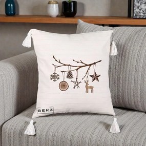 Perna Decorativa Ornamente de Lemn pe Ramura, 40x40 cm, Bej cu Franjuri, Husa Detasabila, Perna Inclusa, BEKZ®