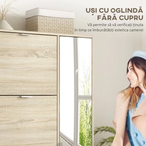 HOMCOM Etajeră pentru Pantofi cu Oglindă, 4 Sertare Rabatabile și 2 Dulapuri, 82x30x168 cm, Culoare Stejar | Aosom Romania