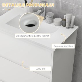 Kleankin Chiuvetă Baie Alb Lucios cu Sertare pentru Depozitare 610x370x880mm | Aosom Romania