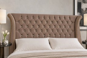 Pat tapițat din catifea Zafira 160×200 cm, cappuccino, cu ladă de depozitare