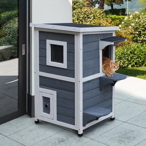 PawHut Cușcă Animale Companie Exterior 2 Nivele Lemn Gri și Alb 51x51x81.3cm | Aosom Romania