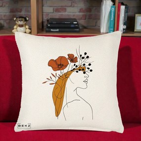 Perna Decorativa Portret Feminin Maci Rosii Auriu, 40x40 cm, Crem Reliefat, Husa Detasabila, Perna Inclusa, BEKZ®