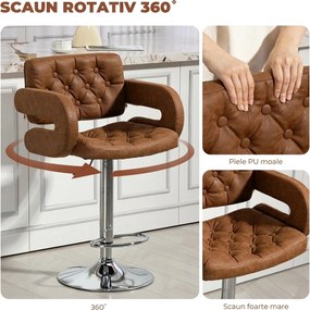 HOMCOM Taburet de Bar cu Înălțime Reglabilă, Scaun Înalt din PU cu Spătar, Suport pentru Picioare, Cotiere și Șezut Moale, Structură din Oțel, Rotativ la 360°, pentru Bucătărie, Maro | Aosom Romania