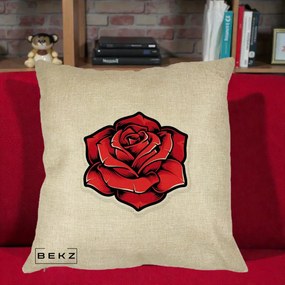Perna Decorativa Trandafir Rosu Tattoo, 40x40 cm, Crem, Husa Detasabila, Perna Inclusa, BEKZ®