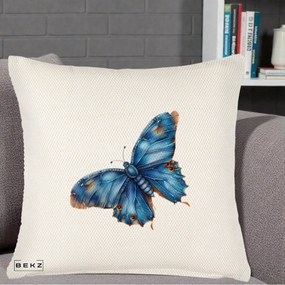 Perna Decorativa Fluture Albastru Satin cu Pete Aurii, 40x40 cm, Crem Reliefat, Husa Detasabila, Perna Inclusa, BEKZ®