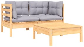 806675 vidaXL Set mobilier de grădină cu perne gri, 3 piese, lemn masiv pin