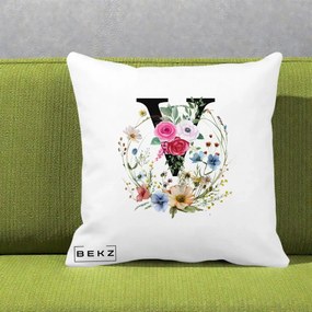 Cadou Personalizat - Perna Personalizata Monograma Florala Litera V cu Coroana, 40x40 cm, Alba Mata, Husa Detasabila, Perna Inclusa, BEKZ®
