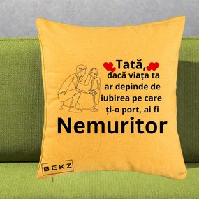 Cadou pentru Tata - Perna Personalizata Tata Nemuritor Baietel, 40x40 cm, Galben, Husa Detasabila, Perna Inclusa, BEKZ®