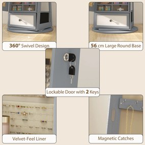 HOMCOM Oglindă portarbijuterii cu lumini LED Dulap portarbijuterii cu oglindă completă Rotativ de 360° Sertar Încuietoare Gri deschis | Aosom Romania