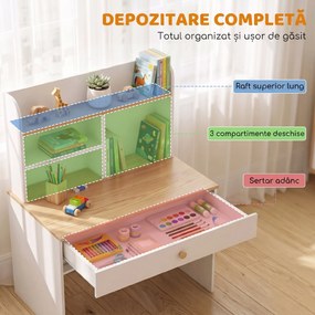 AIYAPLAY Birou pentru Copii, Masă de Studiu cu Bibliotecă și Sertar 3-8 Ani, Alb | Aosom Romania