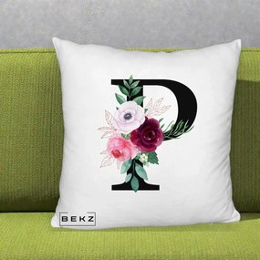 Cadou Personalizat - Perna Personalizata Monograma Florala Litera P, 40x40 cm, Alb Pufos, Husa Detasabila, Perna Inclusa, BEKZ®