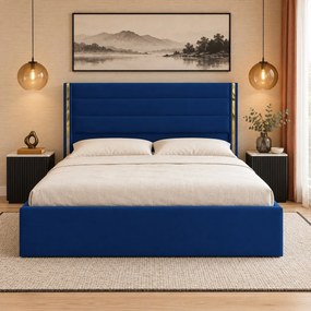 Pat tapițat din catifea Veyra 140×200 cm, bleumarin, detalii aurii, cu ladă de depozitare