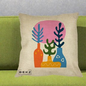 Perna Decorativa Vaze Botanice Abstract, 40x40 cm, Crem, Husa Detasabila, Perna Inclusa, BEKZ®