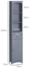 HOMCOM Dulap Coloană de Baie Dulap coloană depozitare WC cu etajeră și sertar, dulap 34L x 24l x 170H cm Gri | Aosom Romania