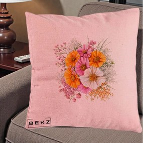 Perna Decorativa Buchet Cosmos Portocaliu Roz si Alb, 40x40 cm, Roz, Husa Detasabila, Perna Inclusa, BEKZ®
