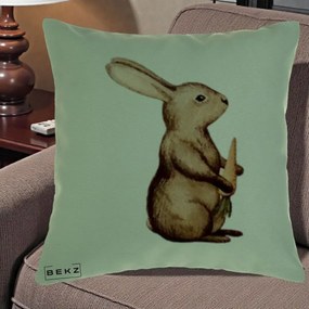 Perna Decorativa Iepuras Acuarela cu Morcov, 40x40 cm, Verde, Husa Detasabila, Perna Inclusa, BEKZ®