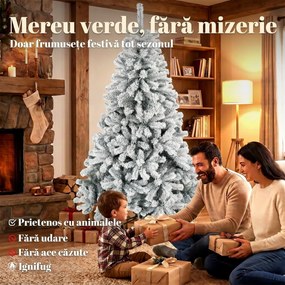 HOMCOM Brad Artificial de Crăciun 180 cm cu 650 Ramuri Ignifuge, Efect Înzăpezit Realist și Bază din Oțel, Verde și Alb | Aosom Romania