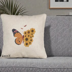 Perna Decorativa Fluture Floarea-Soarelui, 40x40 cm, Bej Canapea, Husa Detasabila, Perna Inclusa, BEKZ®