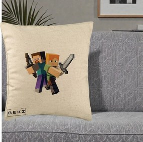 Perna Personalizata Minecraft Steve si Alex, 40x40 cm, Bej, Husa Detasabila, Perna Inclusa, BEKZ®