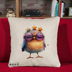 Perna Decorativa Pui Pop Star cu Ochelari Stele Violet, 40x40 cm, Bej Canapea, Husa Detasabila, Perna Inclusa, BEKZ®