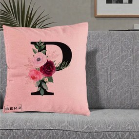 Cadou Personalizat - Perna Personalizata Monograma Florala Litera P, 40x40 cm, Roz, Husa Detasabila, Perna Inclusa, BEKZ®