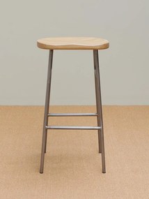 Scaun de bar din lemn de mango și metal, natur, în stil industrial, cu șezut scobit și suport pentru picioare, 76 x 42 x 37 cm, „Hinto”