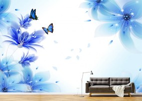 Tapet Premium Canvas - Flori albastre si fluturi abstract