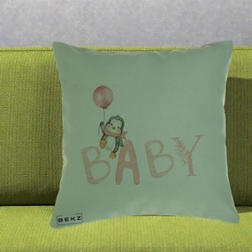 Perna Personalizata Baby Pinguin Roz, 40x40 cm, Verde, Husa Detasabila, Perna Inclusa, BEKZ®