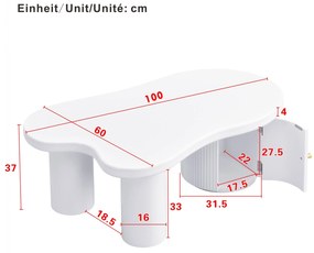 Măsuță de cafea asimetrică cu spațiu de depozitare, pentru living și birouri, 100x60x37 cm, Alb