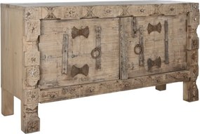Bufet din lemn reciclat, natur, cu 2 uși și decor sculptat manual, aspect rustic, finisaj natural, 92 x 167 x 51 cm, „Rigora”