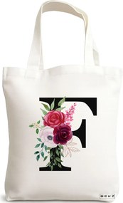 Sacosa de Panza pentru Cumparaturi, Geanta Tote, Cu litera F si Trandafiri, 38x34.5 cm, Alba, BEKZ®