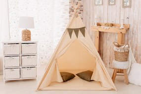 Set Cort de joaca, Beige teepee, 110x110x160 cm, salteluta, ghirlanda, 2 pernite si kit fixare