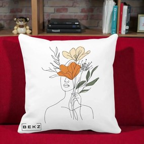 Perna Decorativa Portret Feminin Coroana Florala, 40x40 cm, Alba Mata, Husa Detasabila, Perna Inclusa, BEKZ®