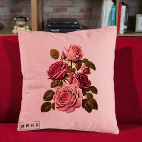 Perna Decorativa Trandafiri Vintage Roz-Rosii, 40x40 cm, Roz, Husa Detasabila, Perna Inclusa, BEKZ®