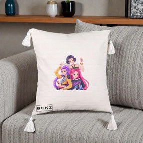 Perna Personalizata K-pop HUNTRX Trio Animat Fete Foto, 40x40 cm, Bej cu Franjuri, Husa Detasabila, Perna Inclusa, BEKZ®