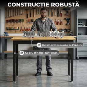 HOMCOM Masă de Lucru Reglabilă 122 cm, Blat Robust din Lemn de Cauciuc, 2 Prize AC și 2 Porturi USB, Panou Perforat, Capacitate 900 kg, pentru Garaj, Atelier și Casă | Aosom Romania