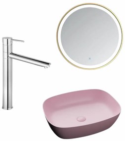 Set lavoar baie pe blat, roz mat, Bristol Foglia, baterie crom lucios inalta si oglinda cu rama aurie, cu iluminare LED si dezaburire