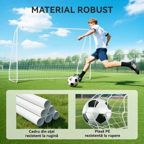 HOMCOM Poartă de Fotbal pentru Grădină și Parc cu 6 Pari în formă de U, din PE și Metal Eposidic, 301x120x200 cm, Alb | Aosom Romania