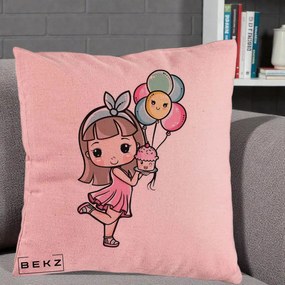 Perna Decorativa Fetita Kawaii cu Baloane si Cupcake, 40x40 cm, Roz, Husa Detasabila, Perna Inclusa, BEKZ®