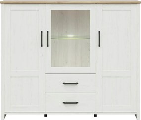 Vitrina LOKSA, alb/stejar, PAL laminat/sticla, cu iluminare LED, 160x4