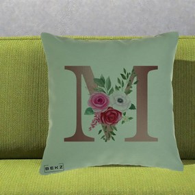 Cadou Personalizat - Perna Personalizata Monograma Rose Gold Litera M cu Trandafiri, 40x40 cm, Verde, Husa Detasabila, Perna Inclusa, BEKZ®