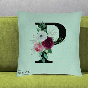 Cadou Personalizat - Perna Personalizata Monograma Florala Litera P, 40x40 cm, Verde Menta, Husa Detasabila, Perna Inclusa, BEKZ®