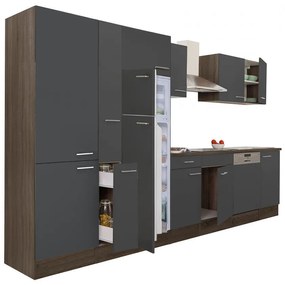 Mobilă de bucătărie Yorki 370, corp din stejar Yorki, față antracit satinat, dulap cu rafturi și frigider cu congelator superior.